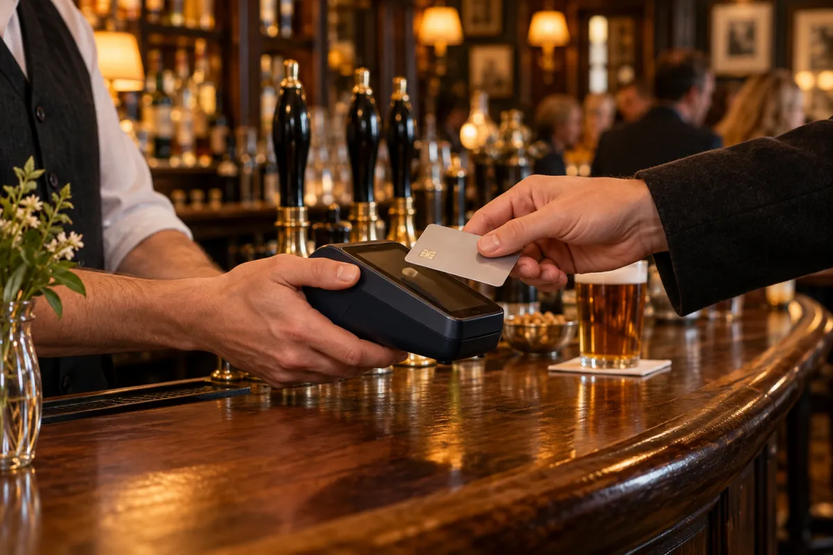 A guest paying by card at a pub bar